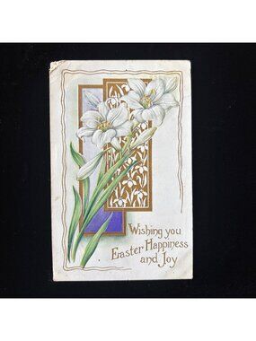 Antique Postcard 1910s Easter Worcester MA Ballsville VA Embossed Gold Lilies